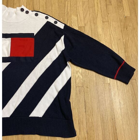 Womans Plus Tommy Hilfiger Sweater 1X Y2K Pullover Stripes Buttons Large Logo - Picture 2 of 8